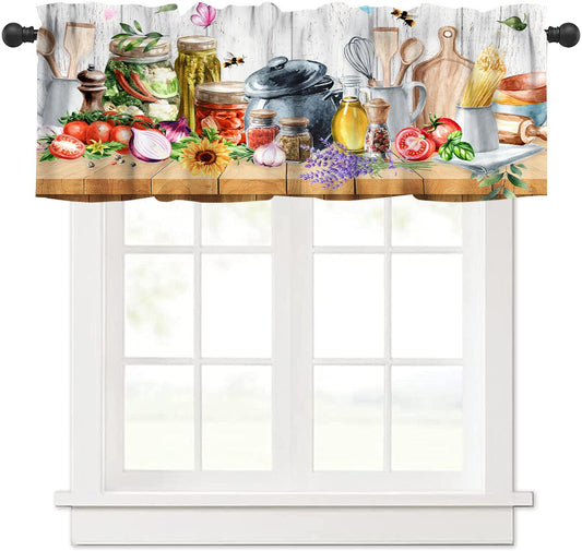 AAVEUP Kitchen Valance Curtains,Vintage Country Fruit & Vegetable Butterfly Tomato Flower Knife & Fork Cutlery Valances Short Panel Blackout Treatment Drapes for Dining Hal Living Room 54x 18 in