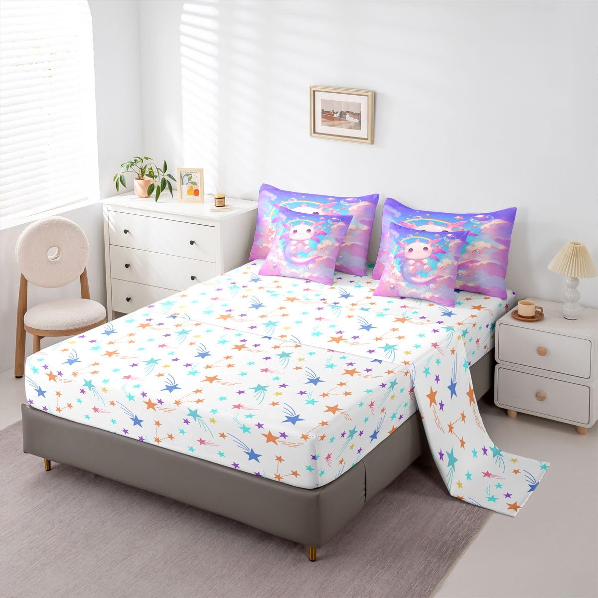 Erosebridal Kids Pink Axolotl Twin Size Bedding Set Princess Cute Axolotl 7 Pieces Comforter Set with Sheets for Girls Teens Dreamy Stars Rainbow Bed in a Bag Bubble Blue Sky Cloud Bed Sets