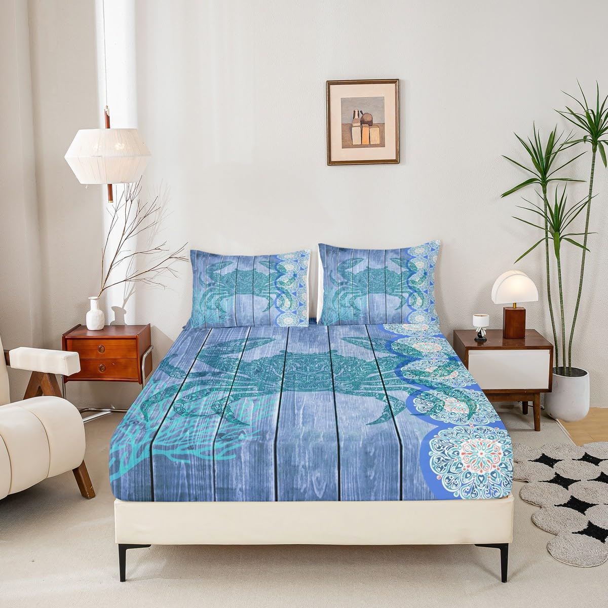 Erosebridal Blue Crab Sheet Set,Hippie Boho Mandala Bed Sheets Queen Sea Ocean Nautical Theme Flat Sheet Beach Animal Fitted Sheet Wood Board Home Room Decor,4Pcs with 2 Pillow Shams