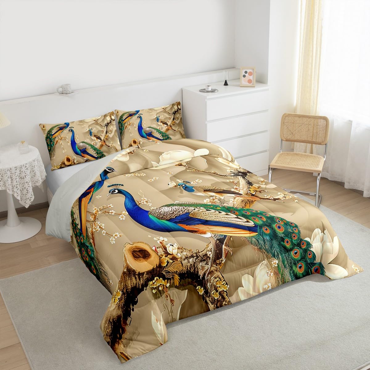 Feelyou Peacock Comforter Peacock with Floral Bedding Set for Kids Adults Girls Animals Comforter Set Botanical Quilt 1 Comforter Set with 1 Pillowcase Twin Size