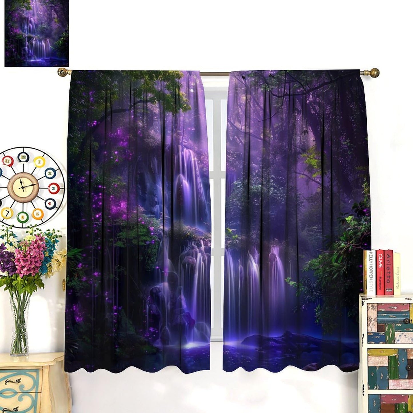 HZOHNAGO Enchanted Forest Curtains Fantasy Nature Purple Forests Waterfall Blackout Print Rod Pocket Window Drapes for Bedroom Living Room 42x45in