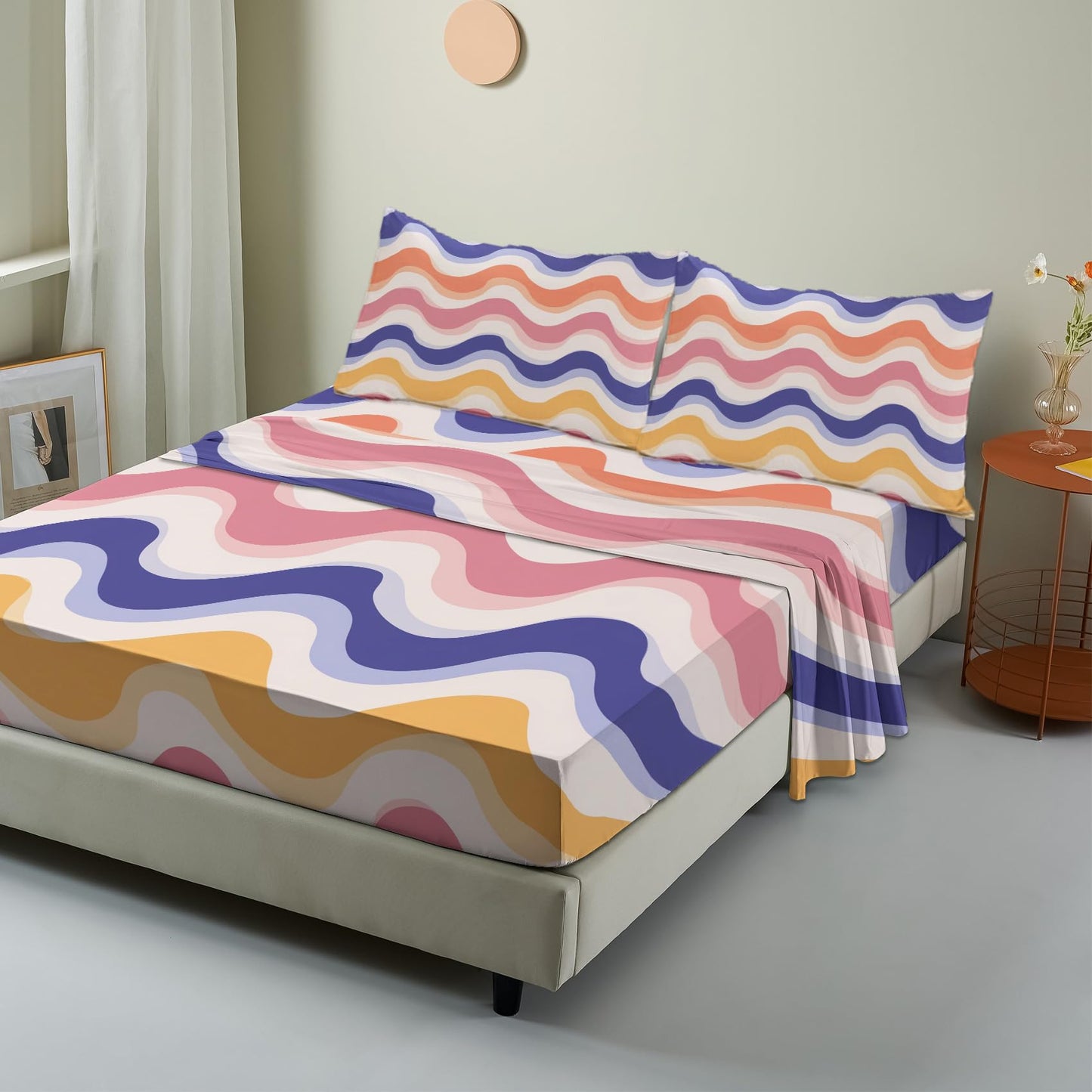 NOGAWA 70s Retro Sheets Full, Abstract Waves Bed Sheets, Colorful Bedding Sheets, Soft Microfiber Deep Pocket Fitted Sheet, Flat Sheet, 2 Pillowcases