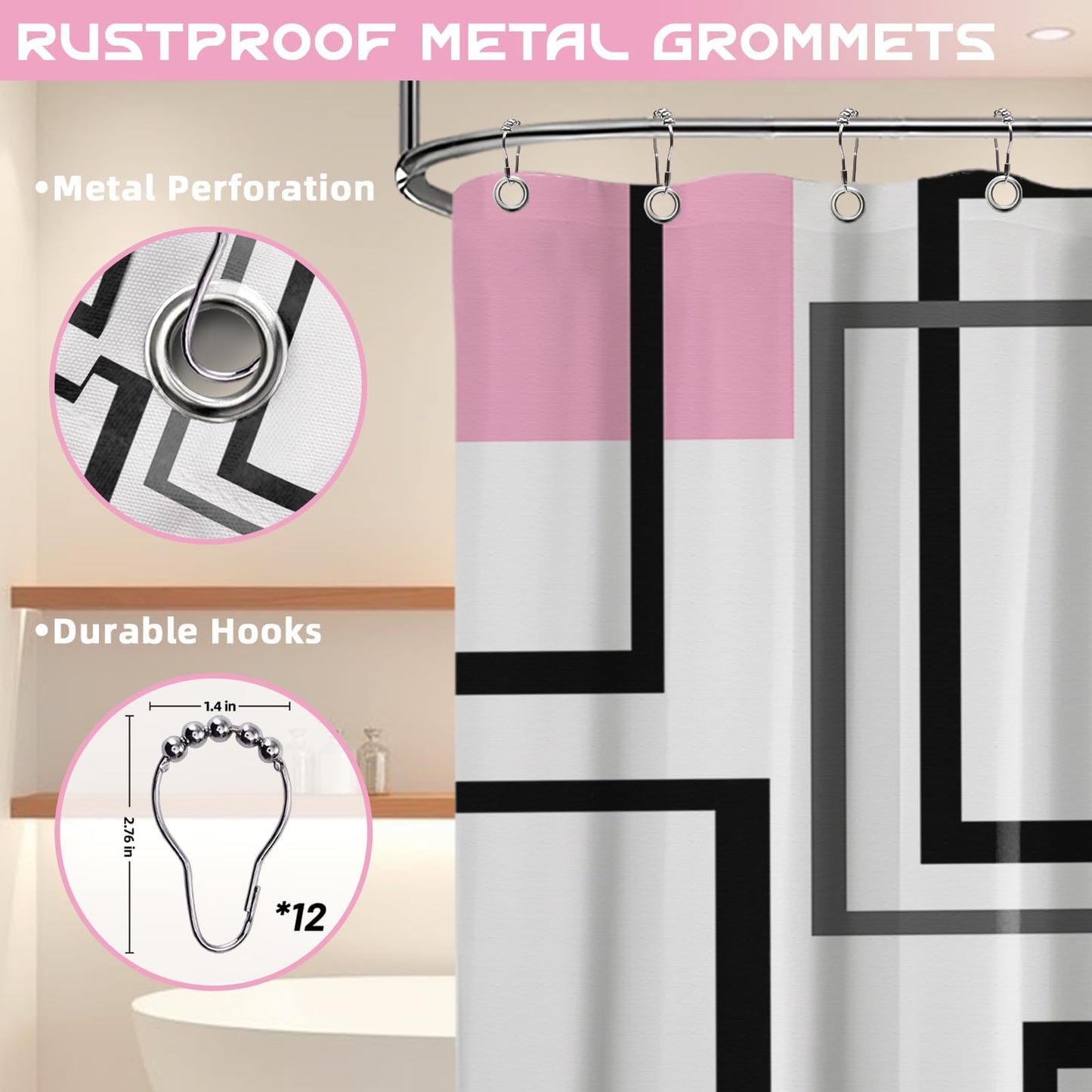 Yieldeer Light Pink Geometric Shower Curtain, 70 x 72 Inch
