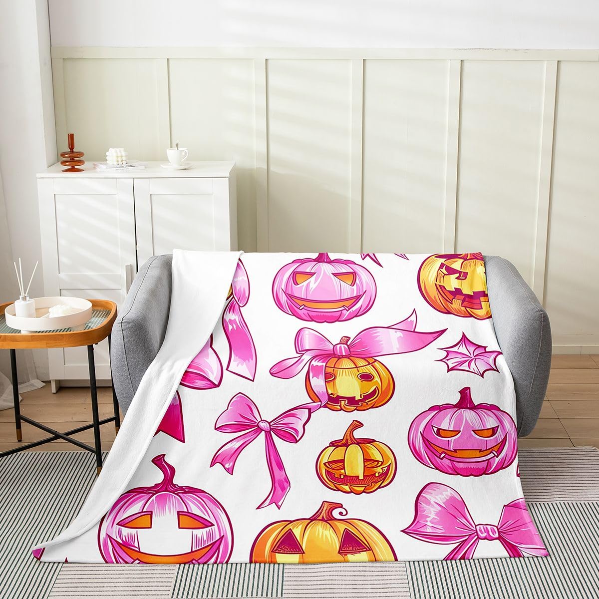 Feelyou Spooky Pumpkin Plush Throw Blanket Halloween Themed Flannel Blanket 40"x50" Bowknot All Season Pink Orange for Couch Bed Sofa Spooky Pumpkin Bedroom Decor
