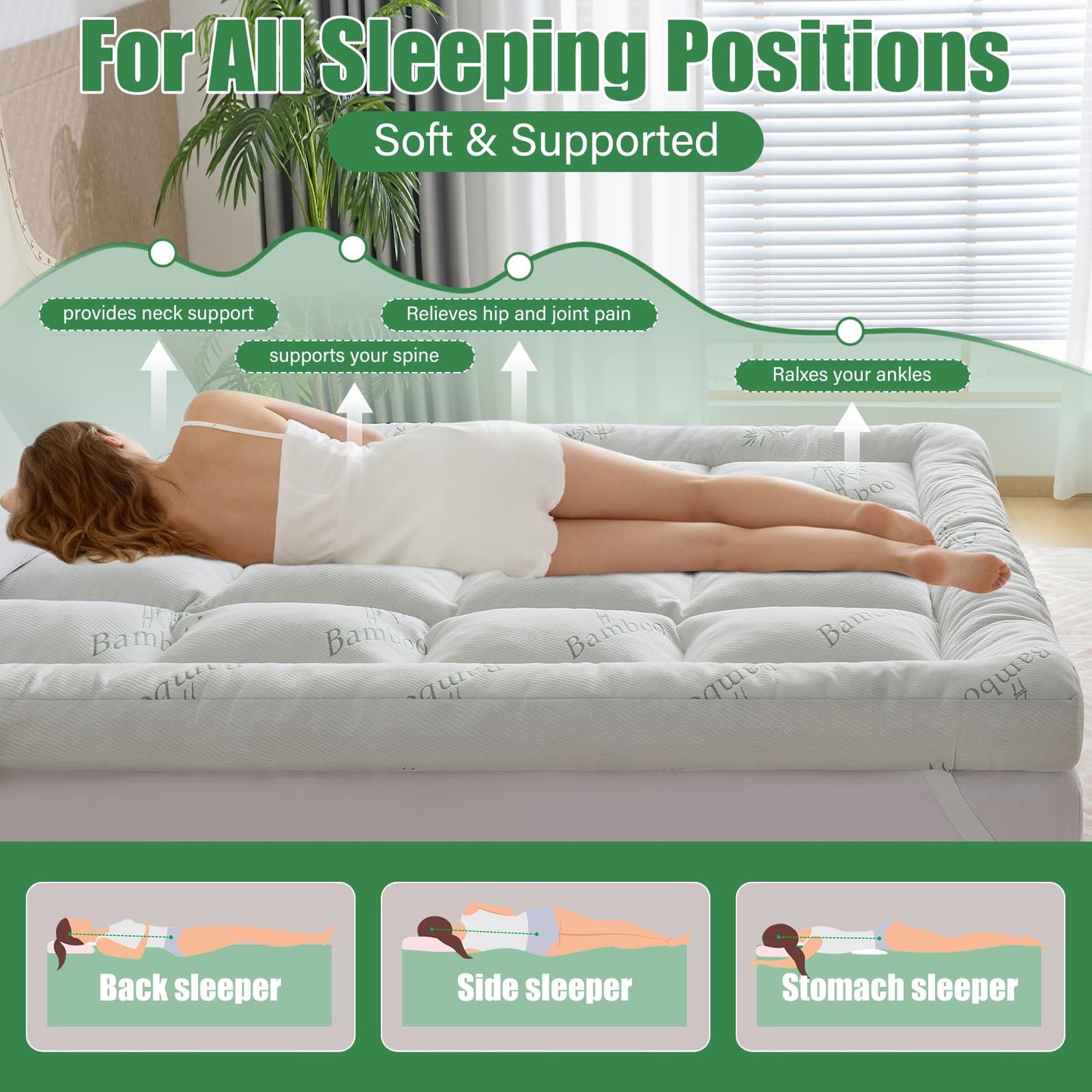 WhatsBedding 5 Inch Memory Foam Mattress Topper Queen Size for Back Pain, Cooling Breathable Bamboo Viscose Air Layer, Soft and Thick Supportive Mattress Topper, 4 Stable Anchor Elastic Straps