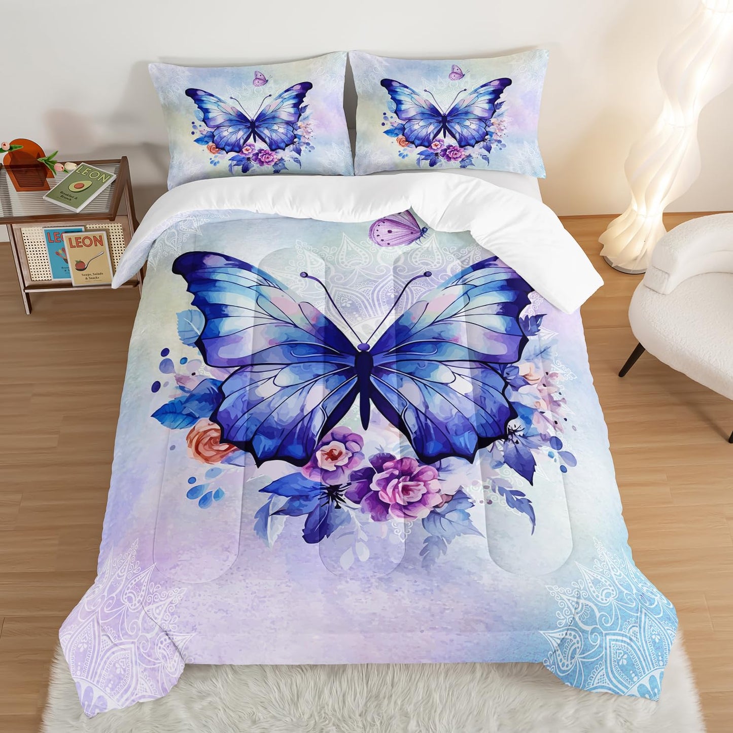HOSIMA Floral Purple Butterfly Comforter-Soft Microfiber,Fantasy Butterfly Aesthetics Full Size Bed in a Bag for Kids Girls Teens Women,Mandala Preppy Bedding 3Piece with 2 Pillow Shams.
