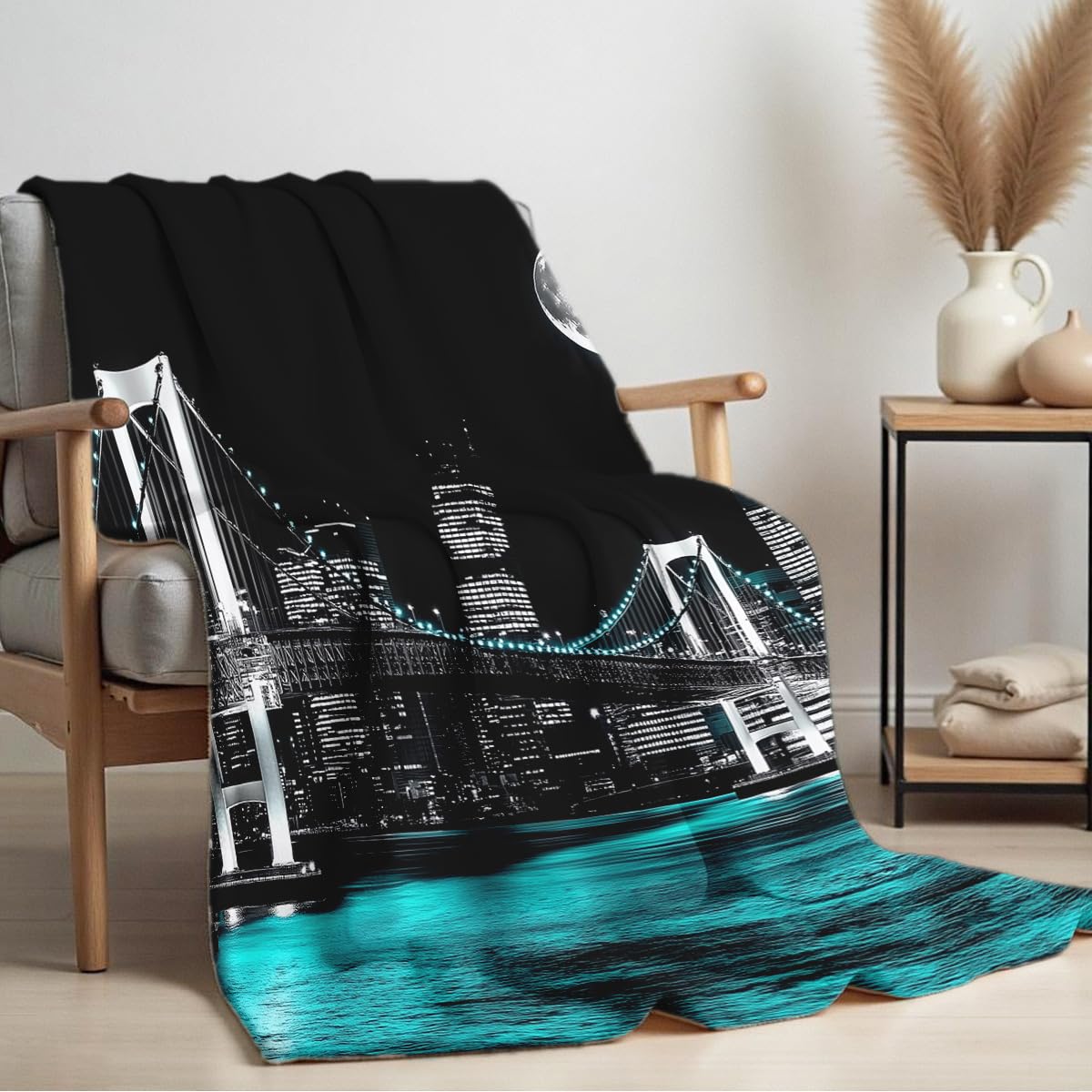 HUNXIAOJ New York City Building Blanket for Bed Couch Cityscape Blanket Throw Black White Teal Decor Flannel Prints Bedding Home Decor (49"x59")