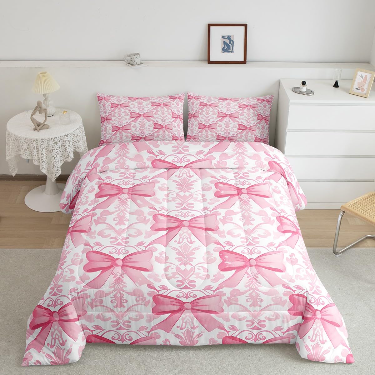 Manfei Pink Bowknot Kids Comforter Set Twin Size,Bow Princess Beauty Toddler Bedding Set,Girls Women Room Decor,Paisley Flowers Boho Exotic Down Comforter,Romantic Seductive Duvet Insert,1 Pillowcase