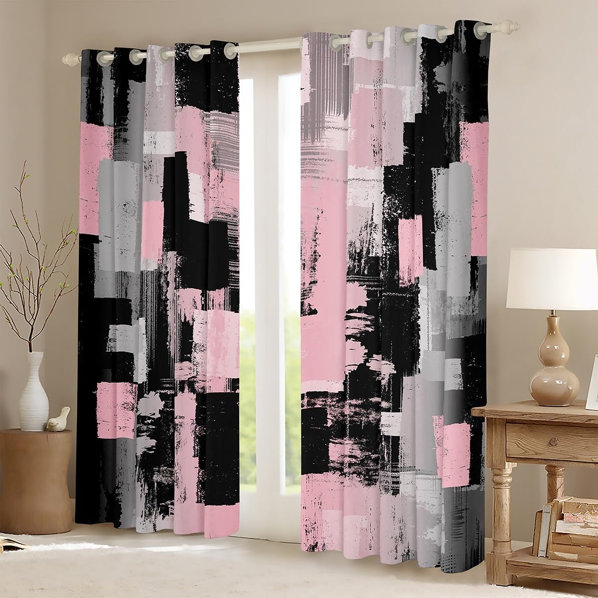 jejeloiu Kids Abstract Curtains for Bedroom Living Room (2 Panels, 42 x 84 Inch) Vintage Messy Rust Darkening Drapes Modern Art Blackout Curtains Teal Pink and Black Window Treatments