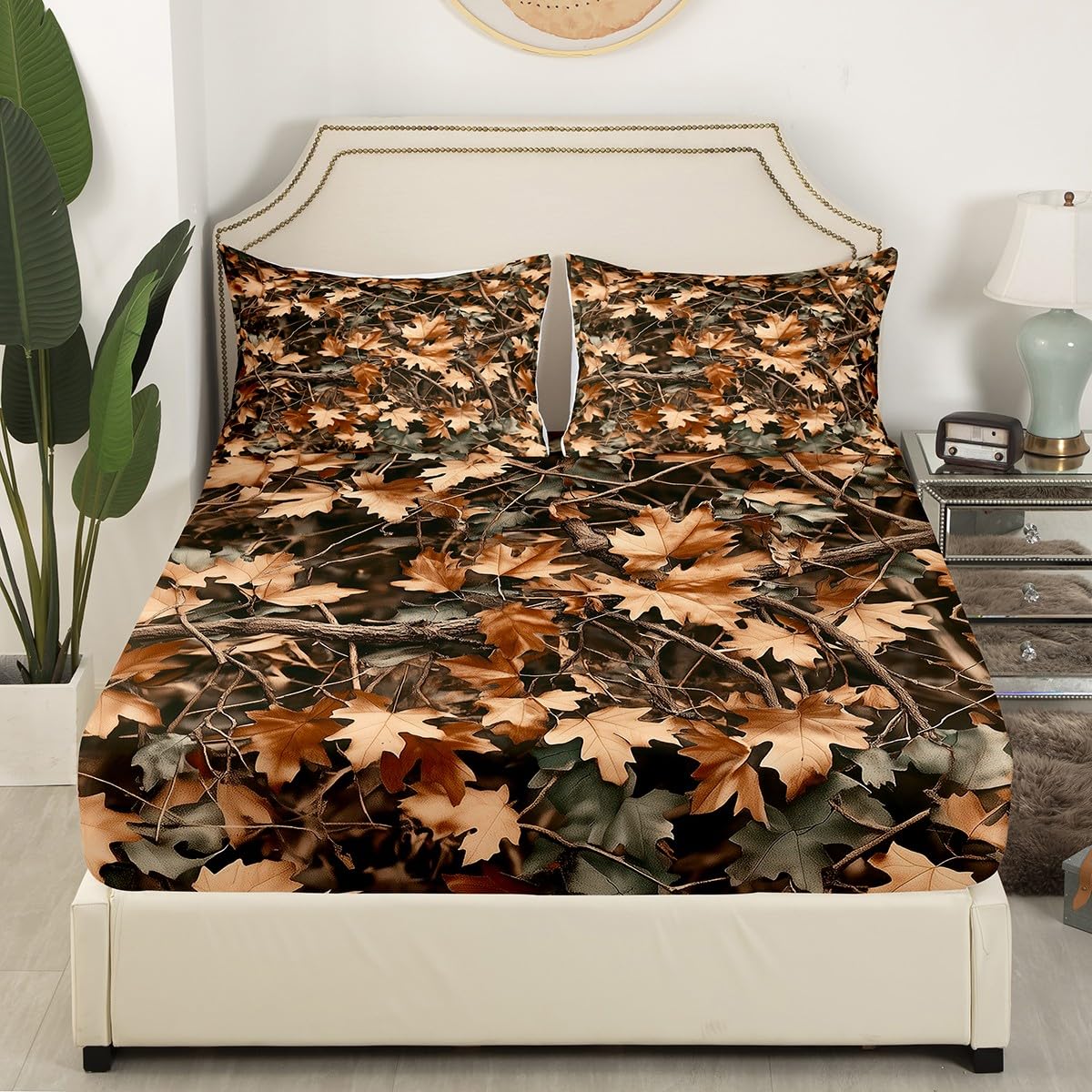 Camoflage Kids Fitted Sheet Twin Size,Jungle Woods Fall Leaves Rustic Nature Bedding Set,Boys Girls Room Decor,Hunter Cabin Adventure Camo Bed Cover,Brown Bed Sheet,1 Pillowcase(No Top Sheet)