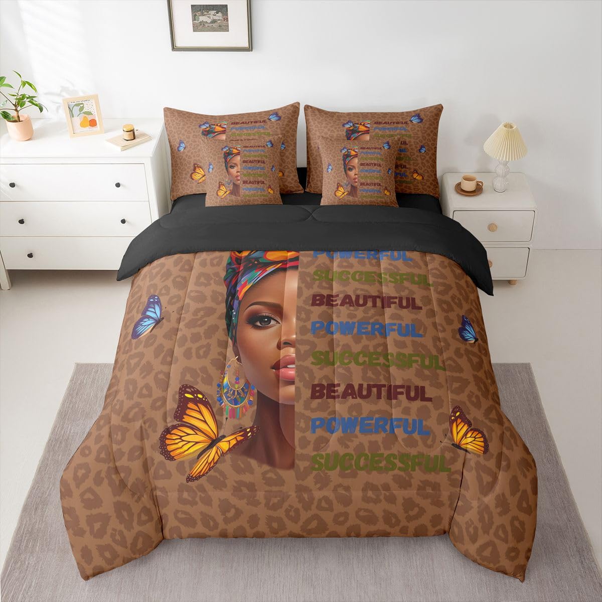 Erosebridal Cute Black Girls Queen Bedding Set Stylish Leopard Print Comforter Set with Flat and Fitted Sheet Teen Colorful Headwrap 7-Piece Bed in a Bag Women Empowering Words Butterfly Quilt Sets