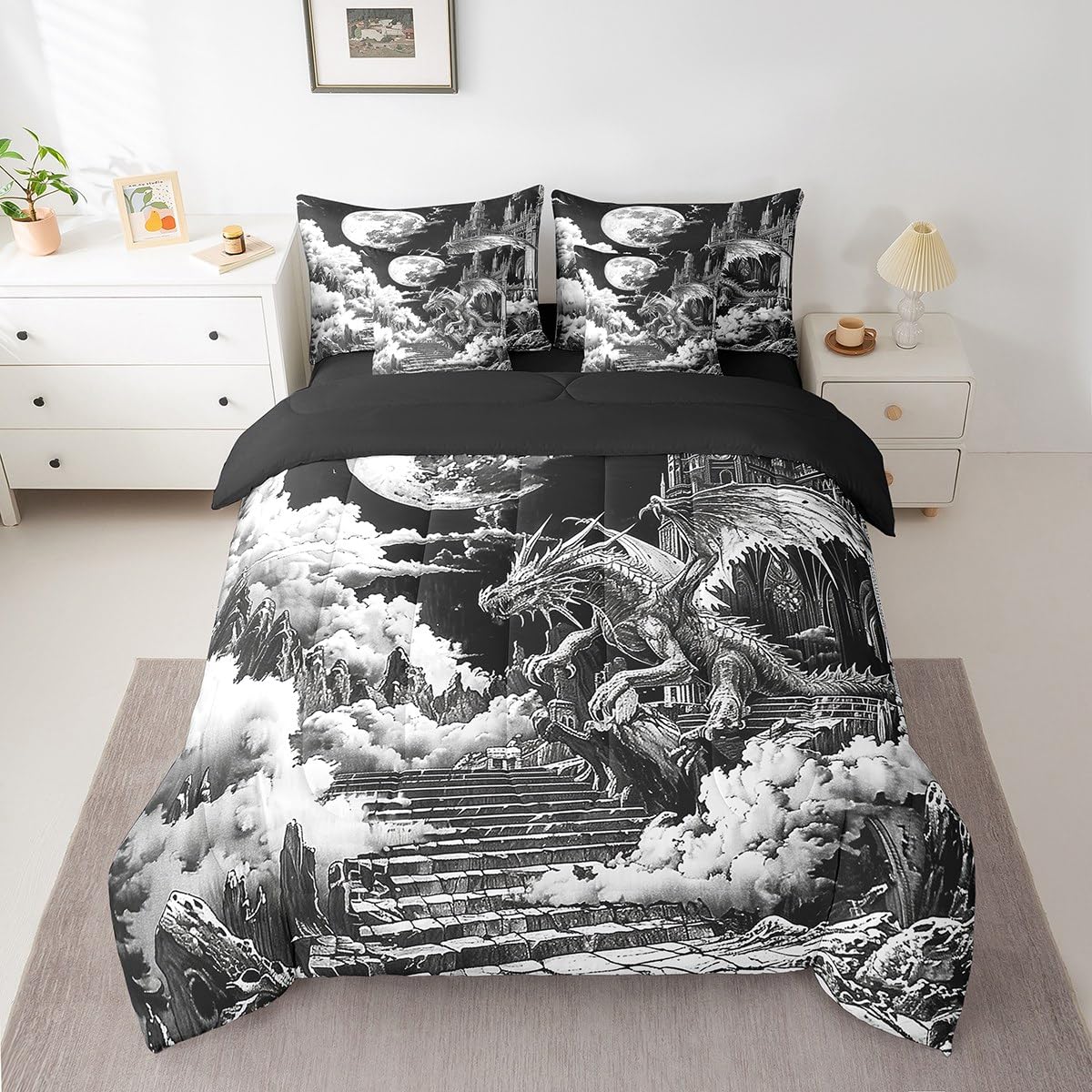 Erosebridal Ancient Castle Comforter Set King,Magical Dragon Bedding Set 7Pcs for Kids Teens Adults,Gothic Horror Midnight Bed in a Bag