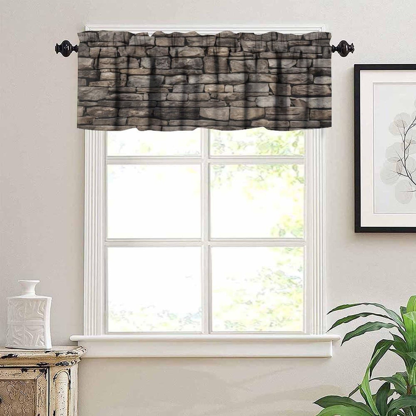 LOMADIA Retro Stone Brick Wall Kitchen Valance Curtain,Rocks Stone Wall Nature Scenery Rod Pocket Drapes Treatments Window Curtains for Living Room Office Cafe Bedroom Decor 54" W x 18" L (Pack of 1)