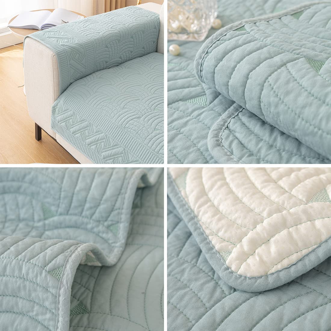 XSlive Farmhouse Cotton Quilted Sofa Cover Weave Pattern Embroidery Sectional Couch Cover Soft Nonslip Sofa Slipcover Furniture Protector Cover for Pets Kids Children Dog Cat (Light Blue,28"x28")