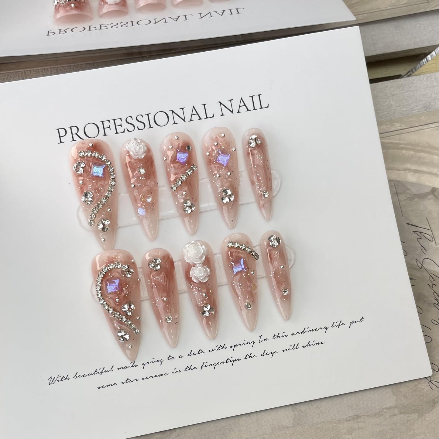 JIEADJIE Press On Nails (100% Handmade),Length Version,Handmade Painted Nail Art by Nail Technician,Luxury Party and Holiday Styles (Long dripping blusher, Small)
