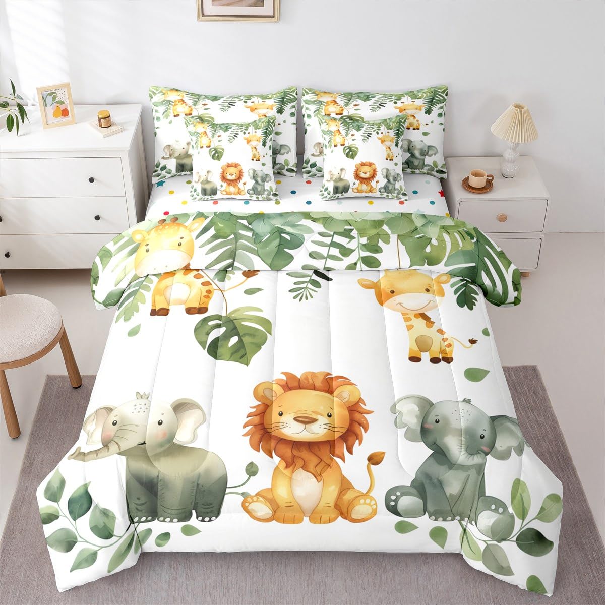 Erosebridal Cute Elephant 7 Piece Bedding Set King Leaves Comforter Set with Sheets Lion Giraffe Palm Leaf Hand Drawn Bed in a Bag Cartoon Animal Theme Elephant for Kids Boys Girls