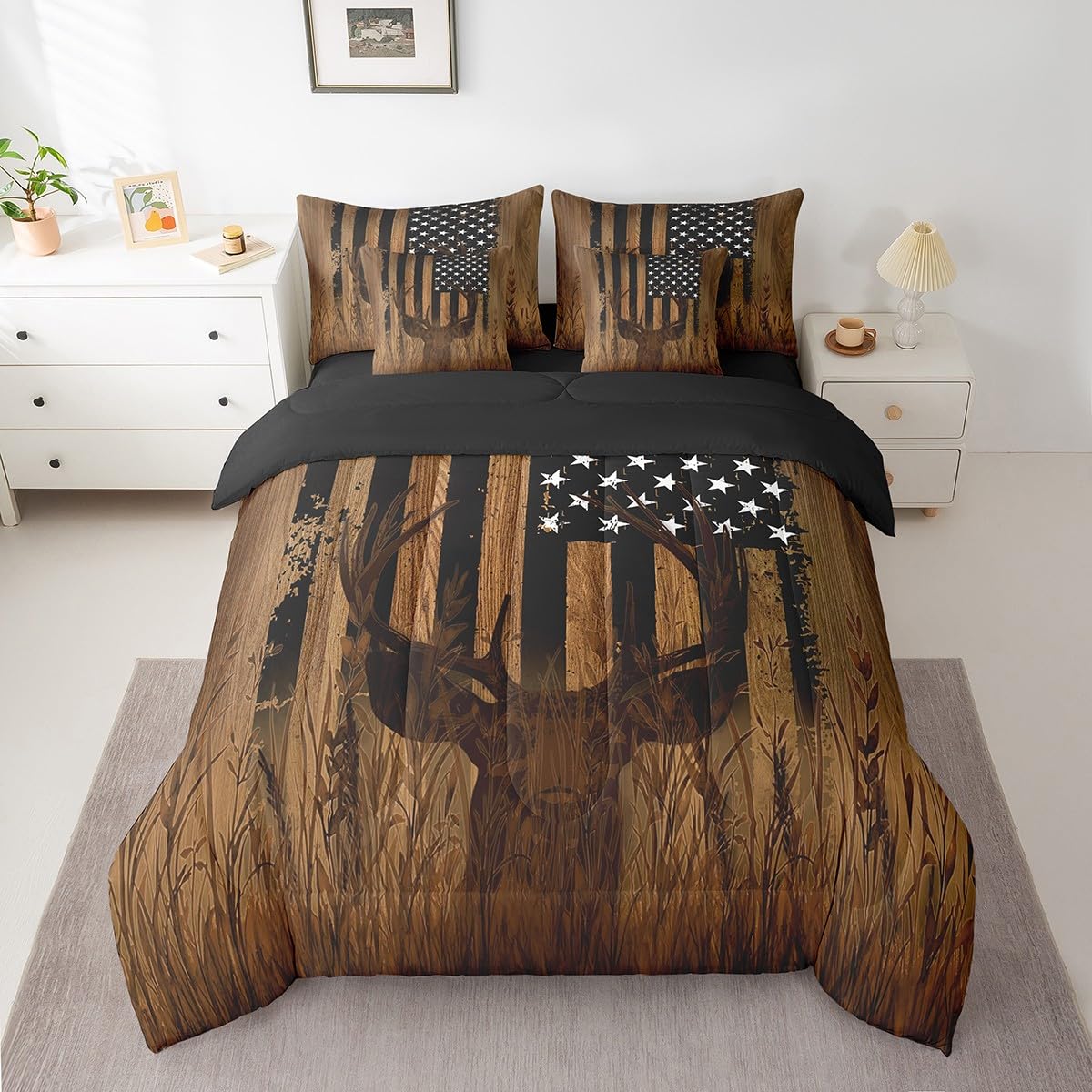 Feelyou Deer Hunting 7 Pieces Bedding Set, Queen Size American Flag Bed Set for Boys Girls Teens Bedroom Decor Cute Deer Bed in a Bag with Comforter, Sheets, Pillowcases Western Farmhouse