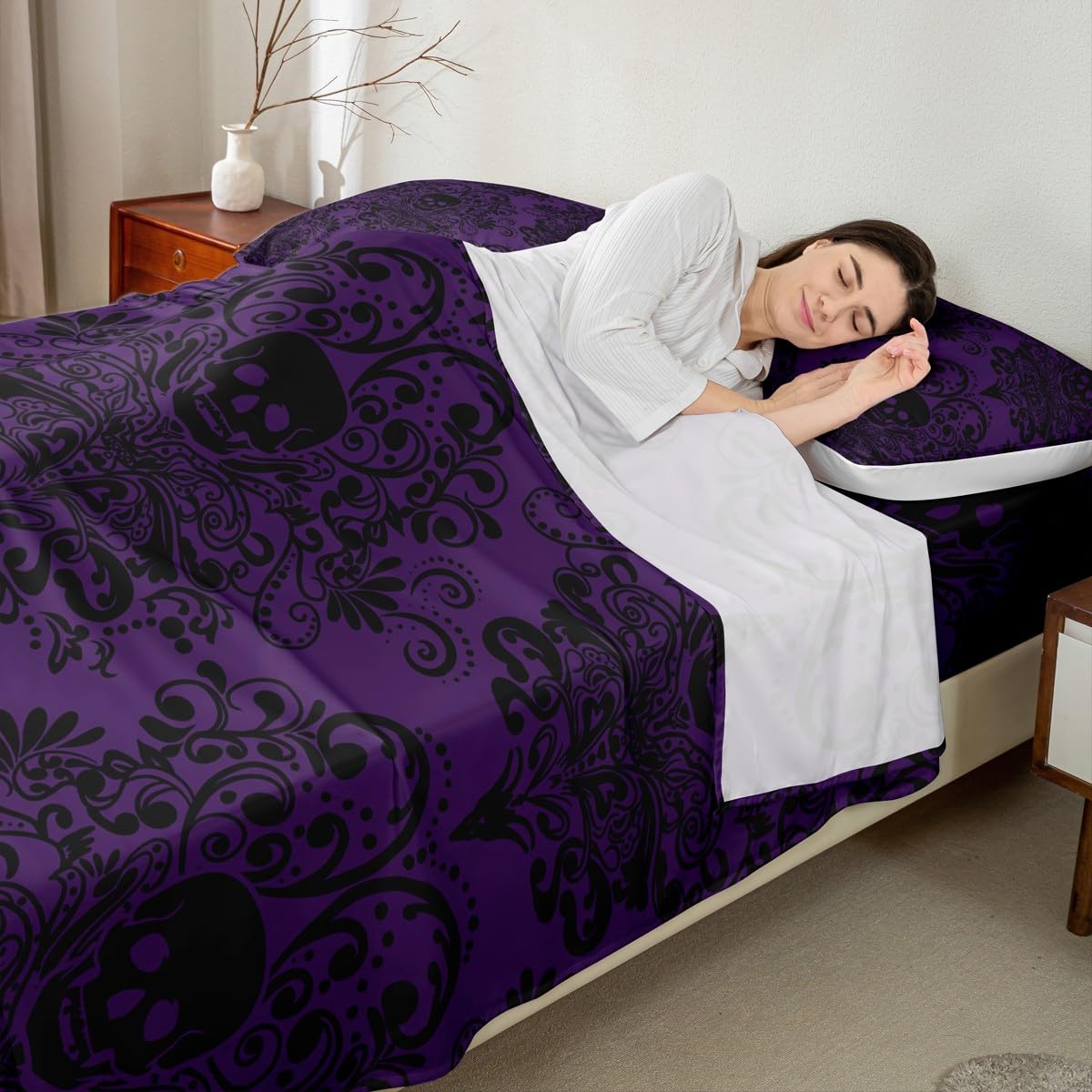 Feelyou Gothic Skull Bed Sheets Set Full Size Damask Print Deep Pocket Fitted Sheet Goth Bohemian Bedding Sets Black Purple Soft Bed Set 4Pcs with 2 Pillow Cases