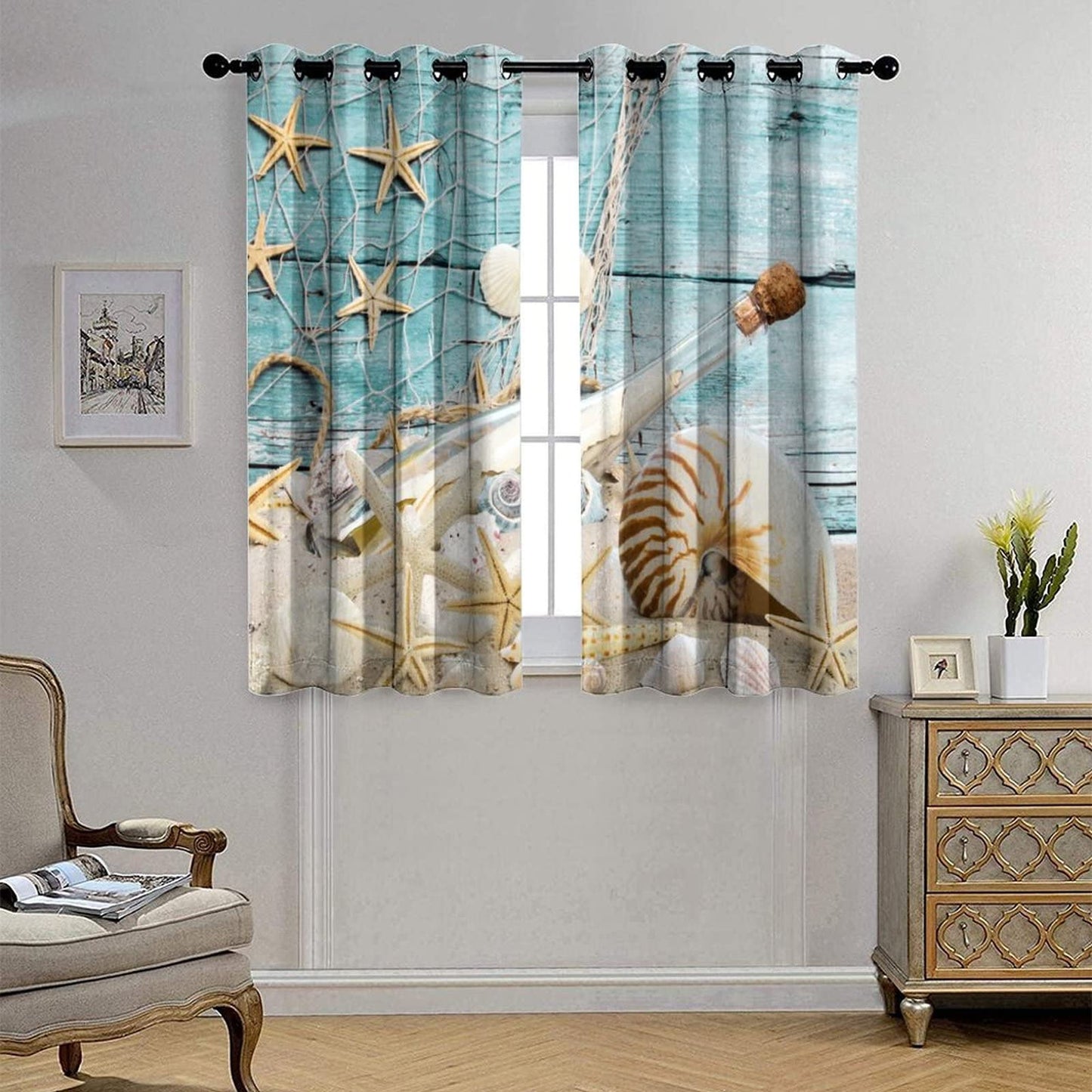 Kazynee Vintage Nautical Beach Theme Room Darkening Blackout Window Curtains with Grommets,Abstract Ocean Beach Fishing Net Starfish Theme Energy Efficient Window Treatment 2 Panels 45L x 21W
