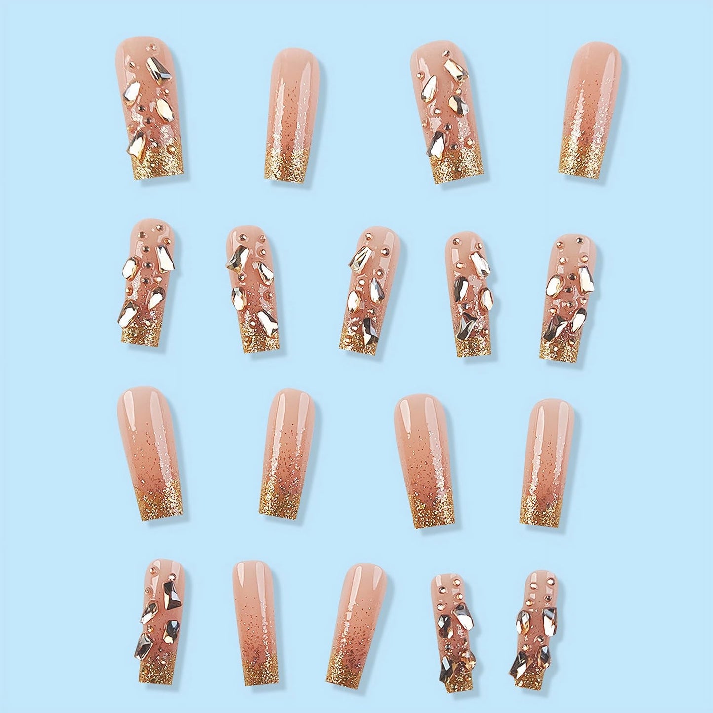 MISUD Press on Nails - Long Square Glue on Nails with Bling Gold Glitter, Acrylic Luxury Rhinestone Design 24 pcs