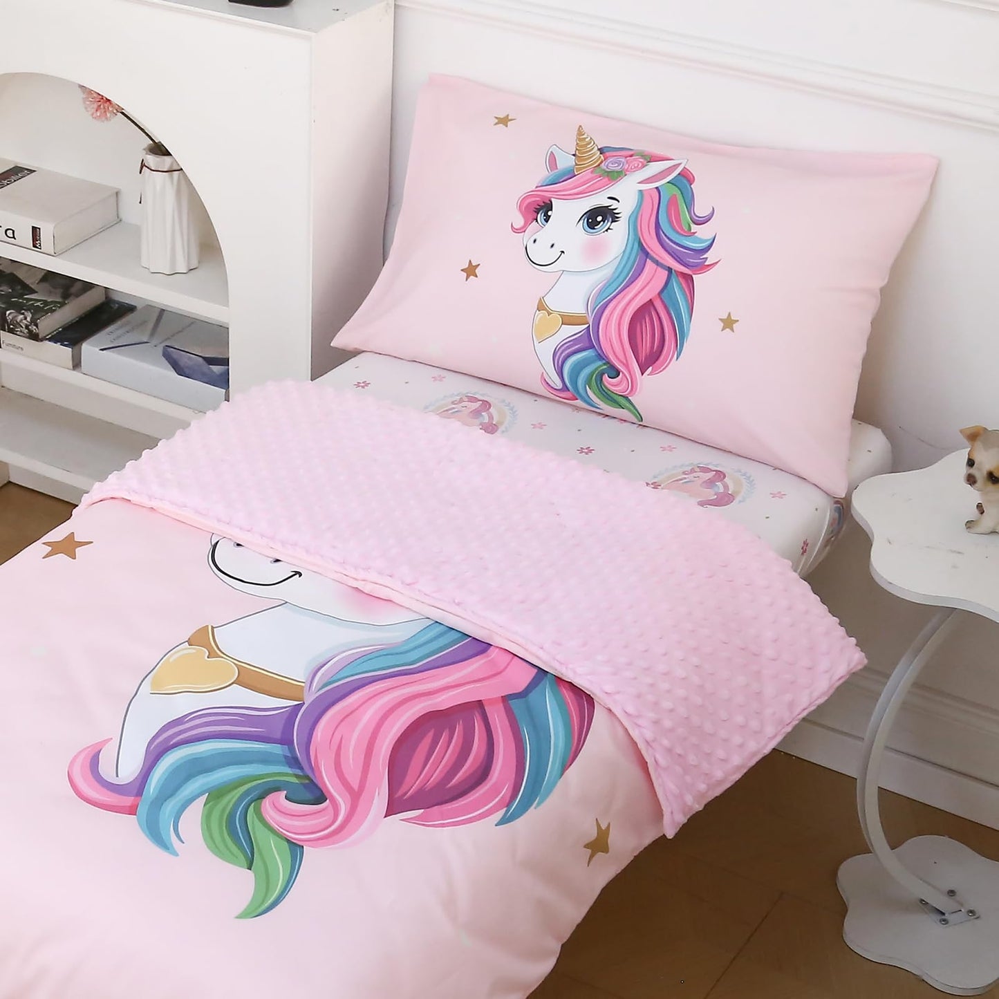 Dormlony 4 Piece Toddler Bedding Set - Ultra Soft Breathable Toddler Bedding Set for Girls, Includes Quilted Comforter, Flat Sheet, Fitted Sheet and Pillowcase(Unicorn)