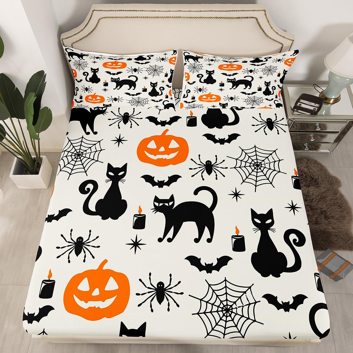Feelyou Black Cat Halloween Decorations Sheets Set Twin Size Pumpkin Ghost Cats Bedding Set Toddlers Teens Adults Halloween Festival Themed Fitted Sheet Black Orange Bed Sheet Set
