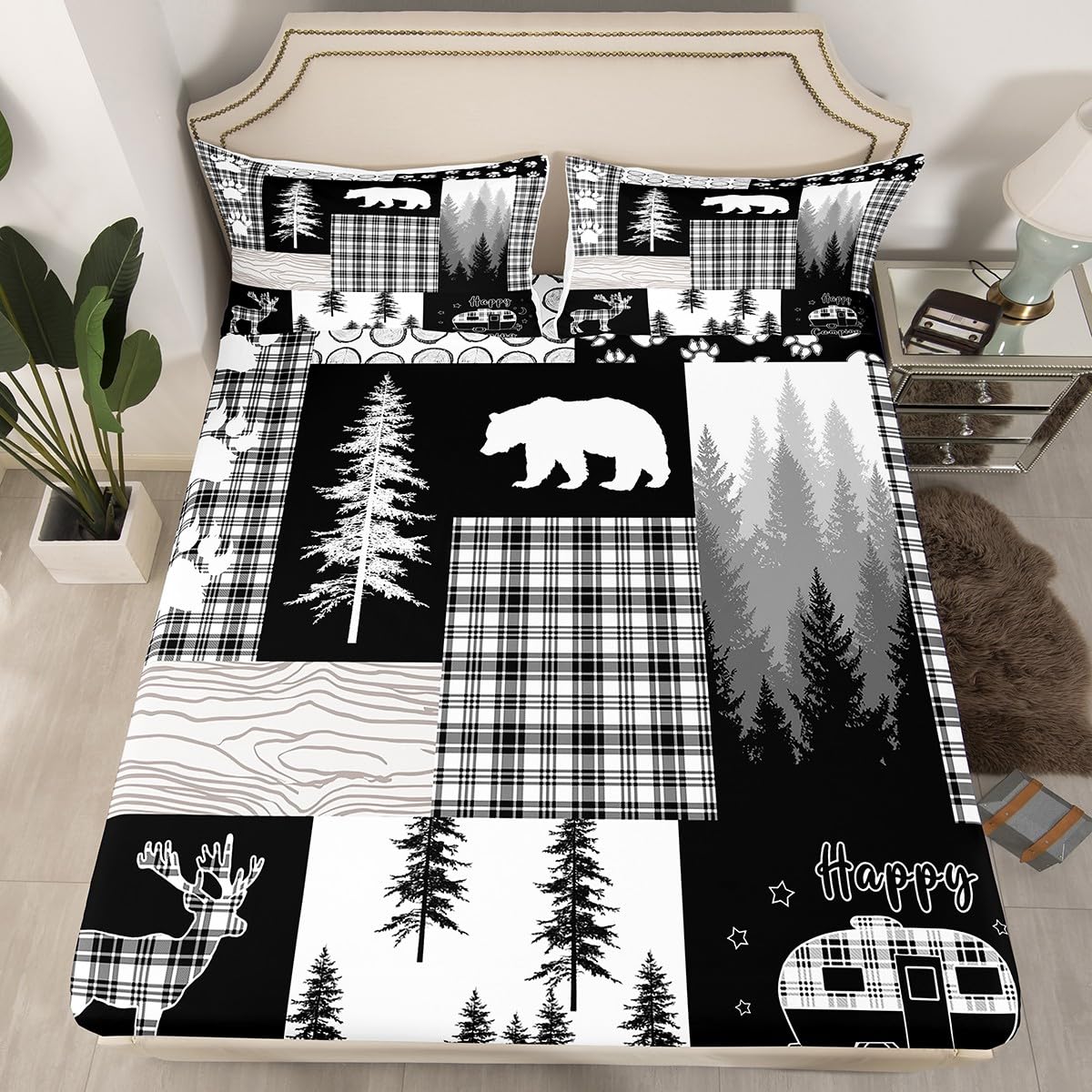 Erosebridal Bear Sheet Set Queen Size,Deer Hunting Woodland Rustic Cabin Bed Sheets for Boys Girls Kids Adult,Camping Adventure Geometric Plaid Patchwork Fitted Sheet,Xmas Pine Tree Sheets Gray Black
