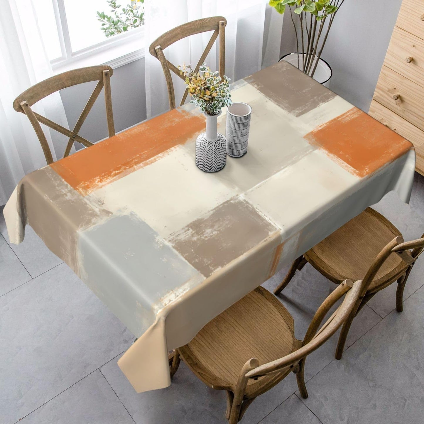 mutakin Orange Grey Abstract Rectangle Tablecloth Waterproof Geometric Table Cloth Washable Table Cover for Decoration Kitchen Dining Room 60x90 Inch