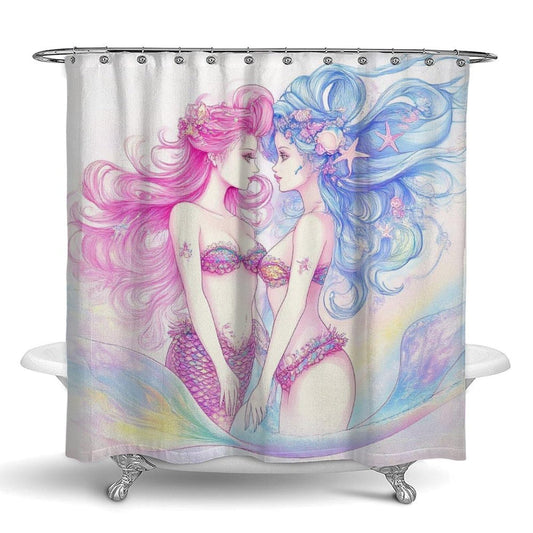 Curtain Bathroom Decoration, Shower Curtain Set with Curtain Hooks Lesbian Mermaid Anime Girl Love LGBT Pride, 72" x 70"