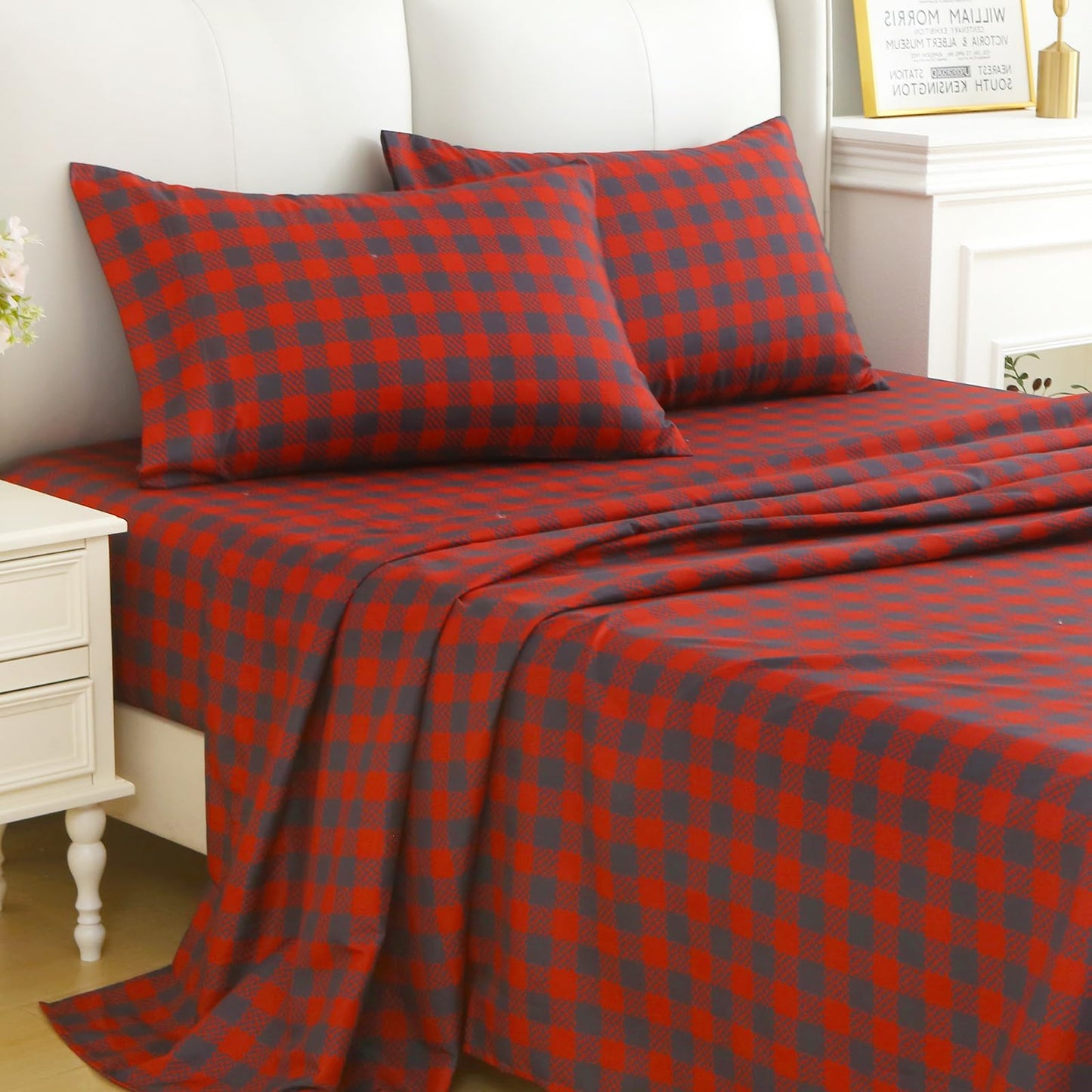 MUXHOMO Queen Size 4 Piece Sheet Set, Soft Breathable Bed Sheet Set for Bedroom with Deep Pocket Up to 16", Wrinkle-Free & Cooling Bedding for Oeko-TEX Certified - Red Plaid