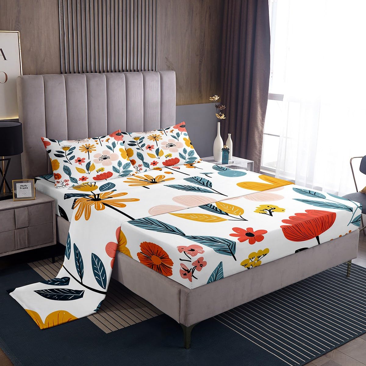 Erosebridal Full Floral Flat Fitted Sheet Rustic Flower Bedding Sets Pastoral Style Bed Sheets Set Green Leaves Branches Bedding Sets for Kids Adult Men Women, Colorful with 2 Pillow Cases