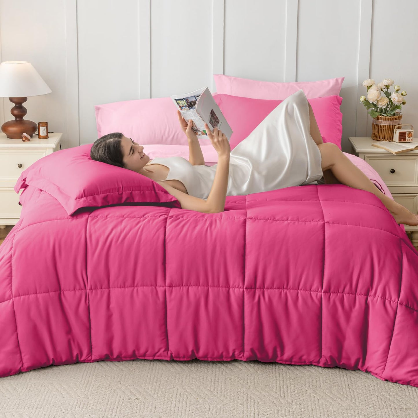 JOLLYVOGUE Queen Comforter Set, Ultra-Soft Bed in a Bag Queen Size 7 Pieces, Oeko-TEX Certified Bedding Set with Down Alternative Comforter, Sheets, Pillowcases & Shams, Hot Pink & Baby Pink