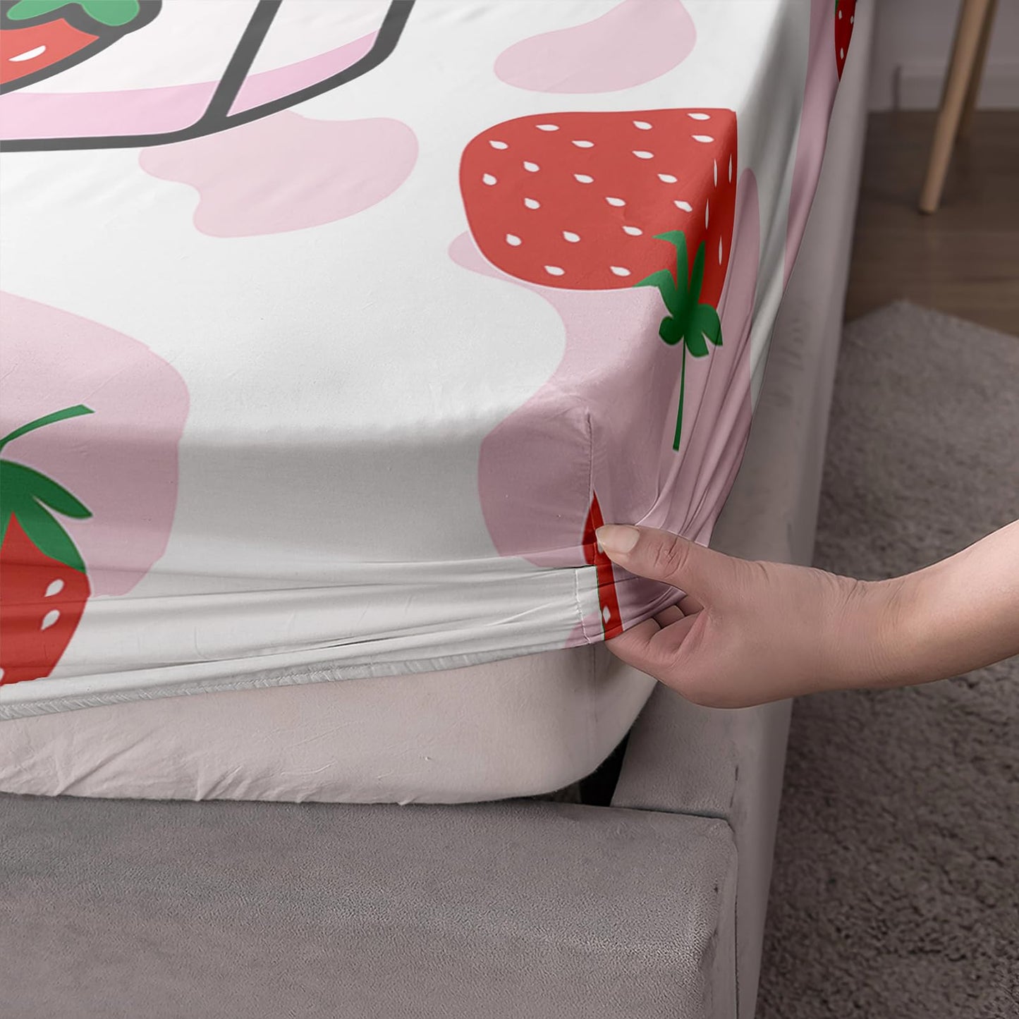 QOOMO Cartoon Axolotl Bedding for Boys and Girls Pink Cow Print Kids Sheets Set Strawberry Milk Breathable Room Decoration Twin Size 1 Fitted Sheet, 1 Flat Sheet, 2 Pillow Cases