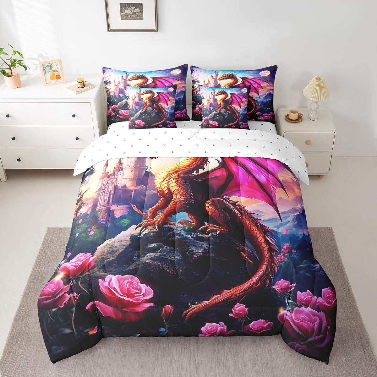 7 Pieces Rose Castle Dragon Comforter Set Queen,Blossom Flower Animal Bed Set for Kids Boys Girls,Fantasy Wildlife Bedding(1 Comforter,1 Fitted Sheet,1 Flat Sheet,2 Pillowcases,2 Throw Pillow Cover)