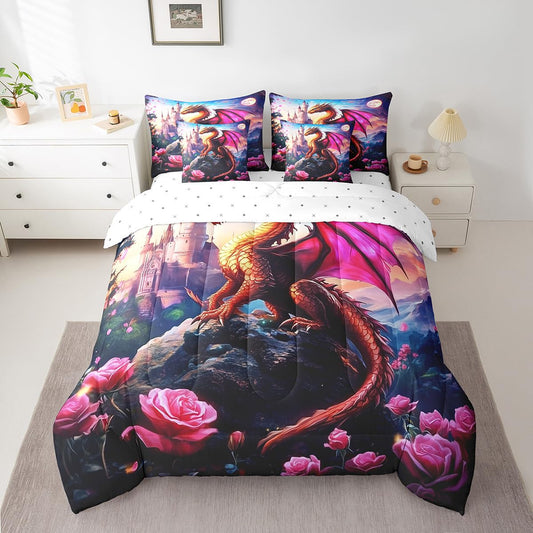 7 Pieces Rose Castle Dragon Comforter Set Queen,Blossom Flower Animal Bed Set for Kids Boys Girls,Fantasy Wildlife Bedding(1 Comforter,1 Fitted Sheet,1 Flat Sheet,2 Pillowcases,2 Throw Pillow Cover)