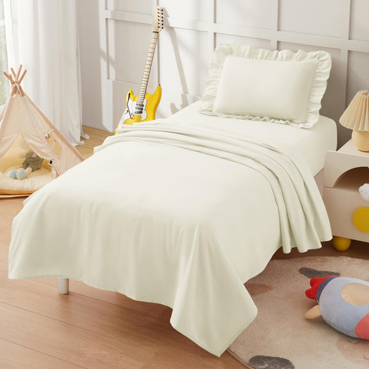KKJIAF 3 Piece Toddler Sheet Set Microfiber, Includes a Flat Sheet, a Fitted Sheet and a Ruffle Pillowcase, Beige