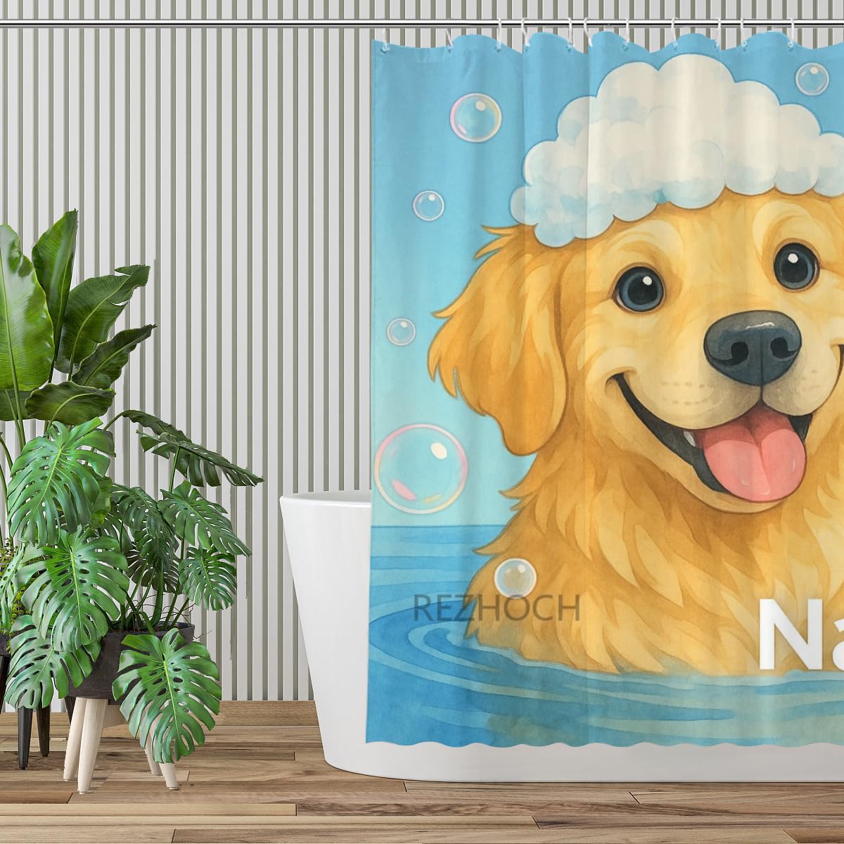REZHOCH Funny Golden Retriever Shower Curtain Durable Waterproof Fabric Bathtub Sets Cute Animals Bath Time Bubbles Playful Get Naked Art Home Bathroom Decor 72x72inch with 12 Hooks