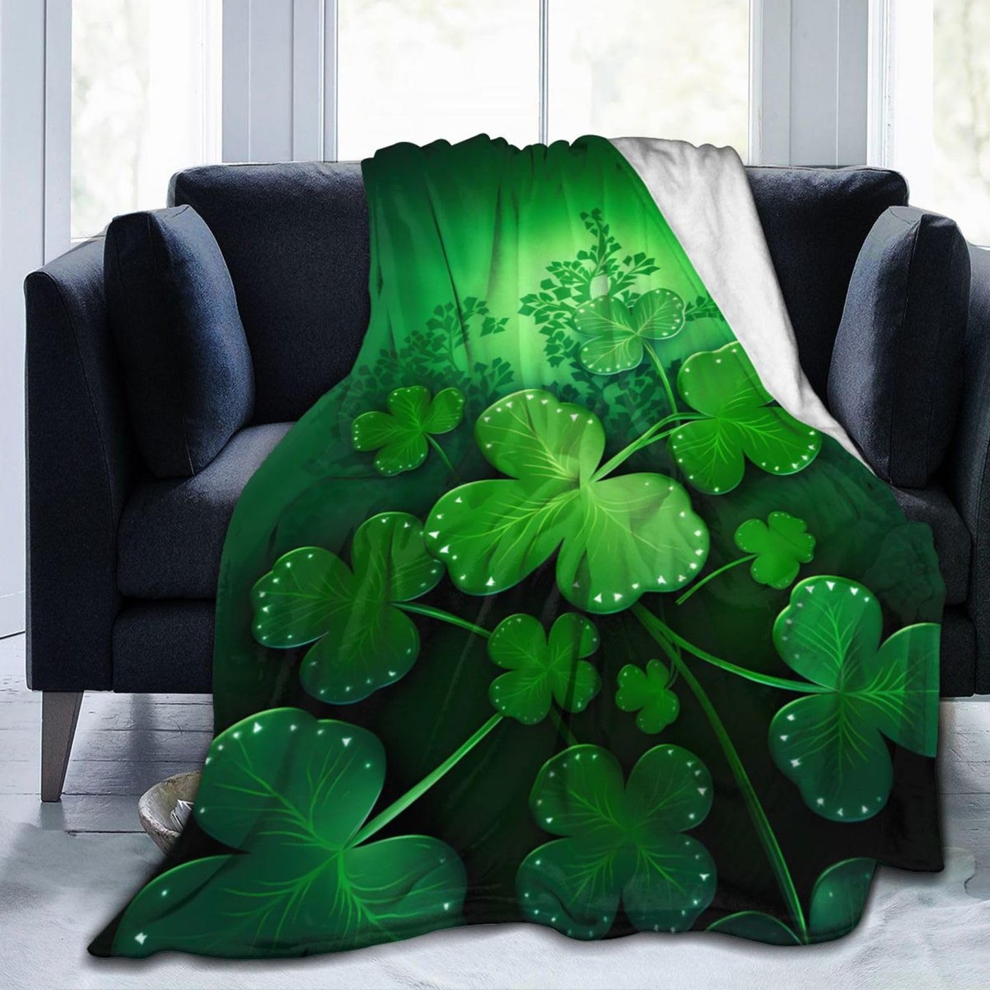 Dewoofly Green Clover Leaves Washable Fleece Throw Blankets, Saint Patricks Day Blanket for Bed Couch Sofa, All Seasons Home Camper Travel 60"x50"