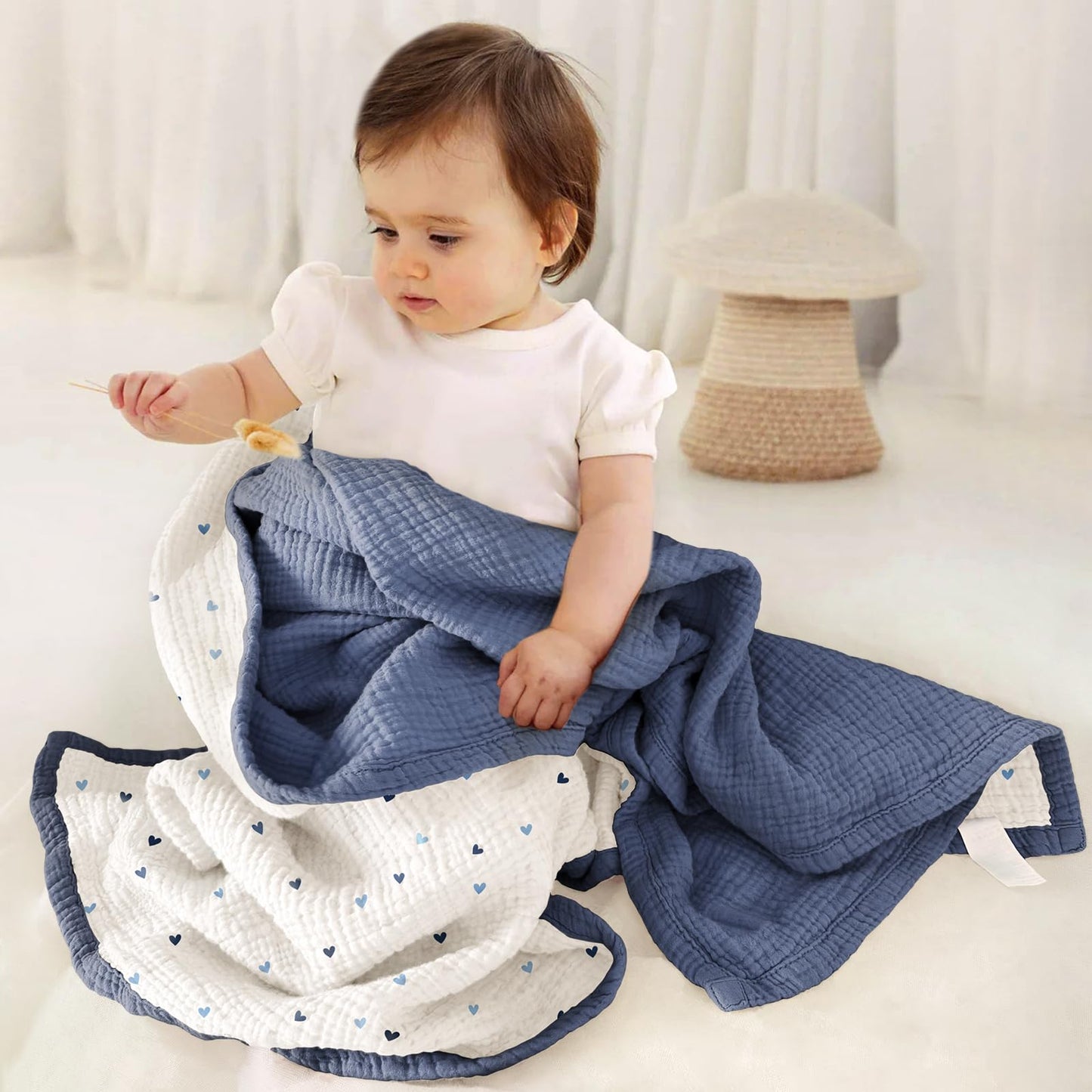lulumoon Muslin Baby Blanket for Boys: Soft Cotton Toddler Blanket for Daycare - Reversible Lightweight Crib Bedding for Stroller & Travel 47"x47"(Blue)