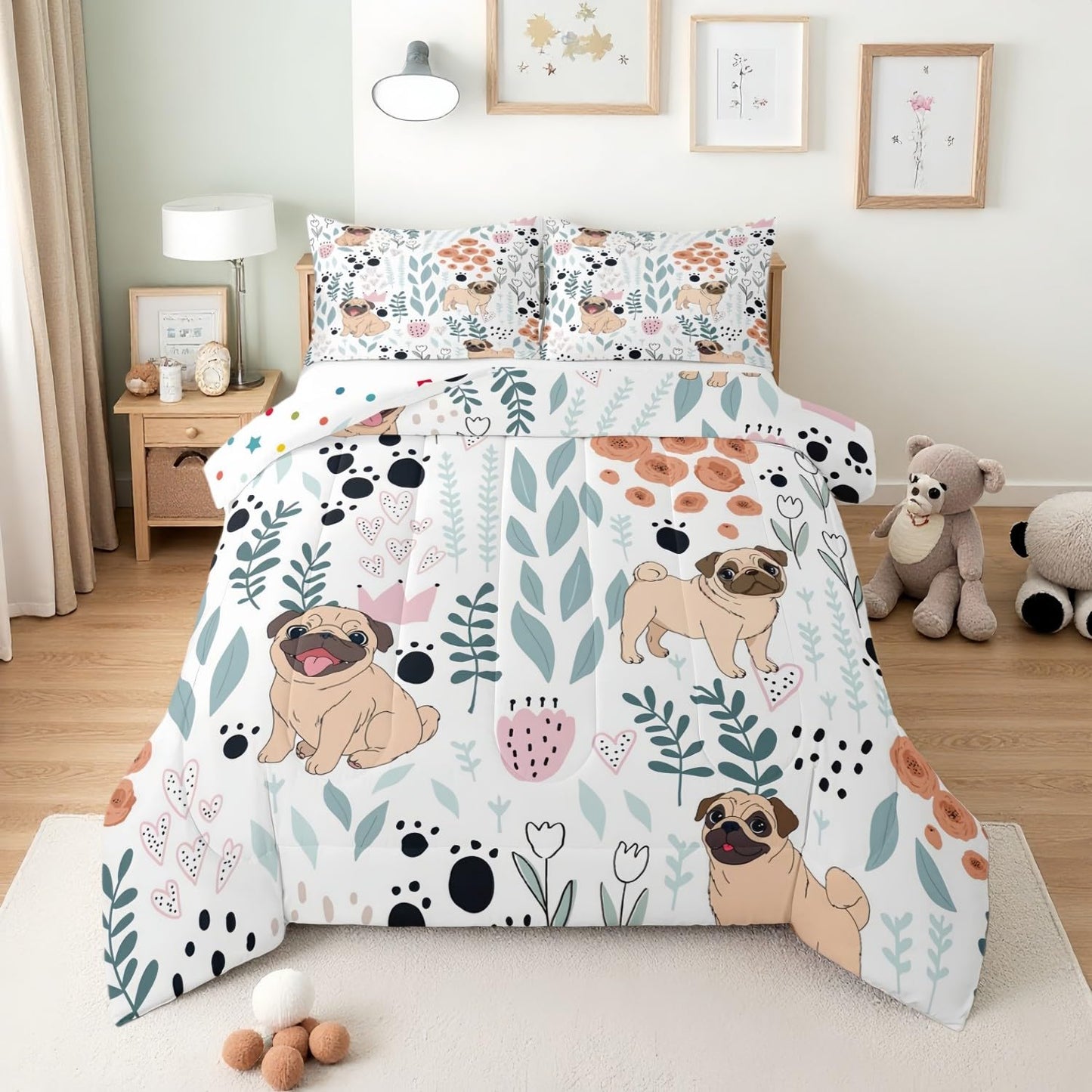 Erosebridal Kawaii Dog Bedding Set,Cartoon Pug Dog Comforter Set Twin,Cute Love Heart Leaf Flower Comforter Set for Kids Girls Boys,Paw Print Pet Animals Quilt Duvet Insert with 1 Pillow Case