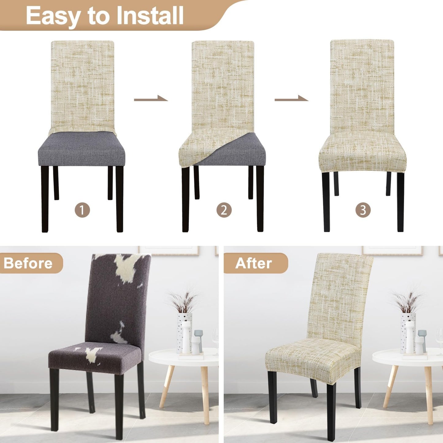 SearchI Dining Room Chair Covers Set of 4, Stretch Printed Parsons Chair Slipcovers Removable Washable Kitchen Chair Protector Cover for Dining Room, Hotel, Ceremony (Flaxen Print)