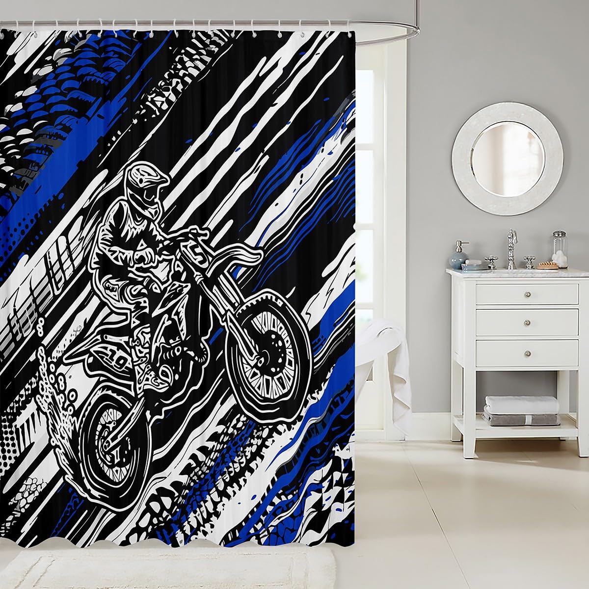Feelyou Motorcycle Shower Curtain Blue Stripes Set Fabric Shower Curtain for Kids Boys Girls Dirt Bike Bathroom Waterproof Accessories with 12 Hooks Extreme Sports Theme Curtains,72x72 Inches