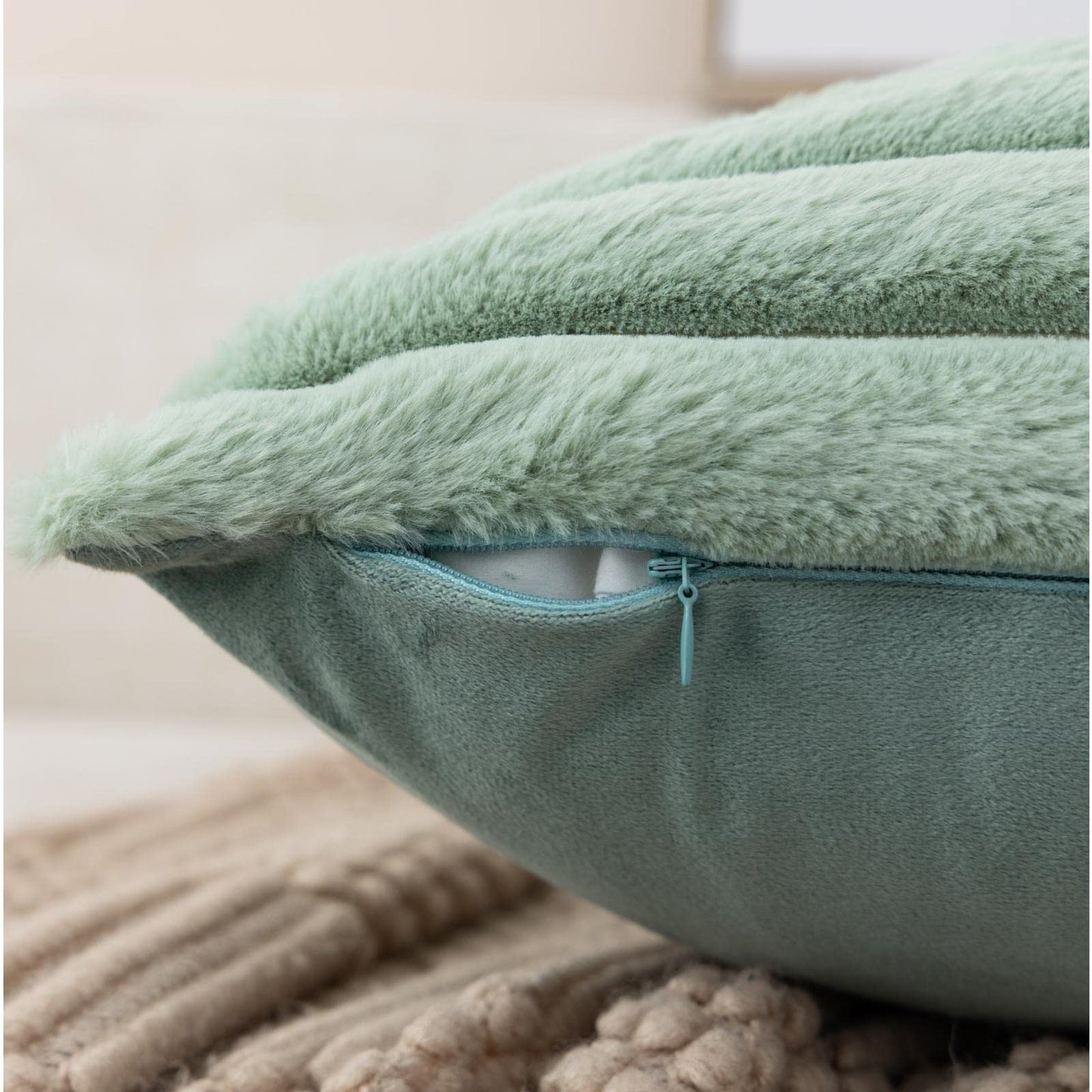 ZLINA Set of 2 Light Green Faux Fur Decorative Throw Pillow Covers Fluffy Striped Pillowcase Cushion Covers 16 x 16 Inch Decor Sofa Couch Bedroom