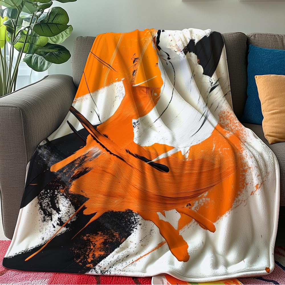 HUNXIAOJ Abstract Throw Blanket Orange and Black Flannel Blanket Abstract Orange Bedding Warm Soft Flannel for Bed Sofa Couch (59in x 70in)