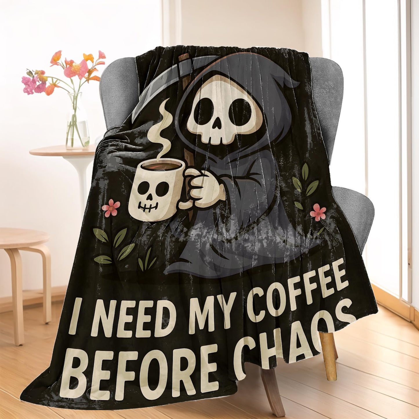 Wanoryer Grim Reaper Coffee Blanket, Comfy & Warm Flannel Throw Blanket for Couch, Gifts for Women Adults Kids Goth Vibes, Soft Fuzzy Lightweight Travel Bed Blankets for Decor 50"×60"