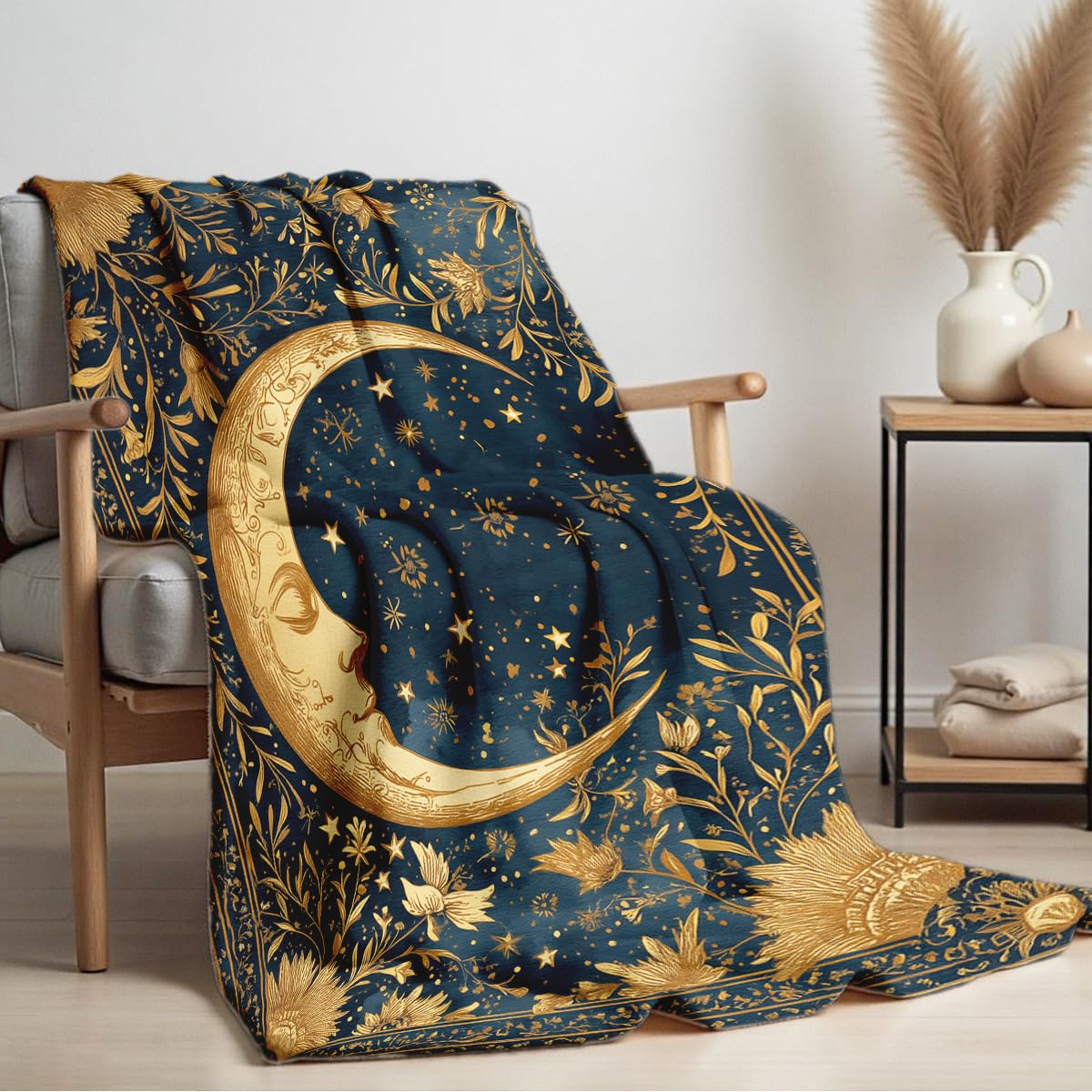 HUNXIAOJ Celestial Throw Blanket for Couch Bed Sun Moon Floral Print Flannel Blanket Celestial Gifts Astrology Throw Mystical Bedroom Home Decor (59"x78")