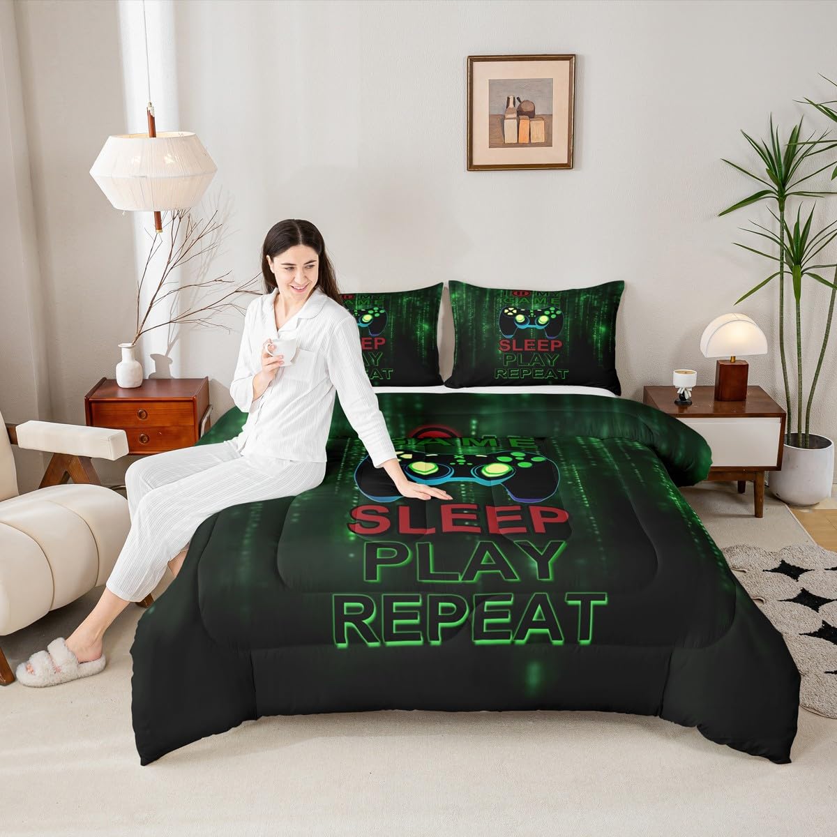 jejeloiu Gamer Comforter Set Twin Size Gaming Bedding Set for Kids Boys Girls Video Game Duvet Quilt Game Room Decor Bedroom Decor Microfiber 2 Pcs with 1 Pillow Cases