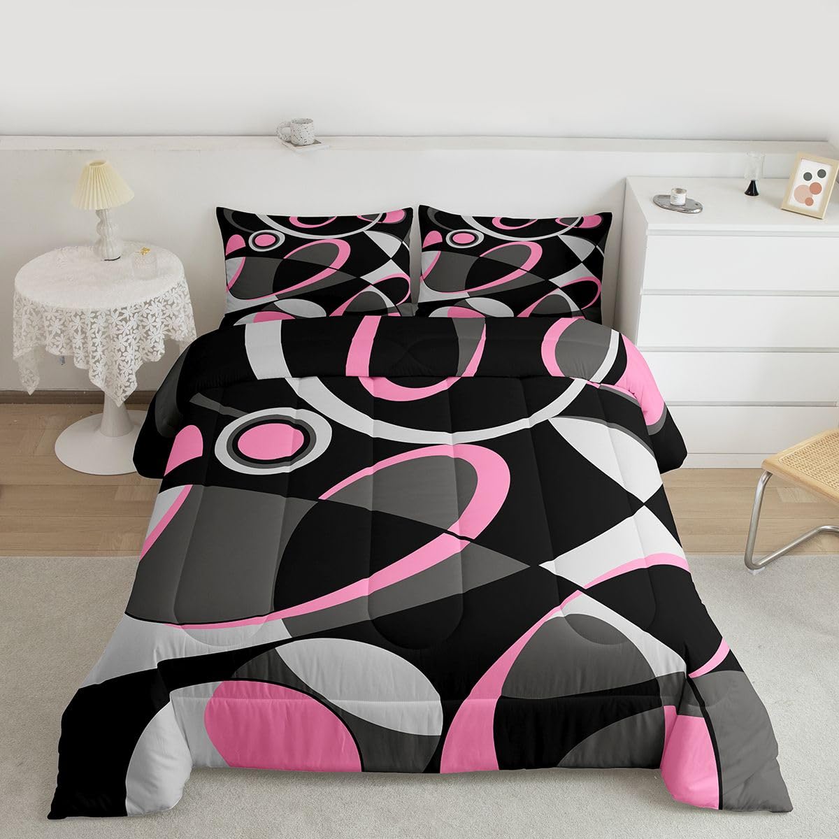 Feelyou Pink Grey and Black Comforter Retro Circle Geometrics Comforter Set Modern Abstract Art Bedding Set for Kids Boys Girls Geometrics Swirl Duvet Set Luxury Room Decor Quilt Set Queen Size