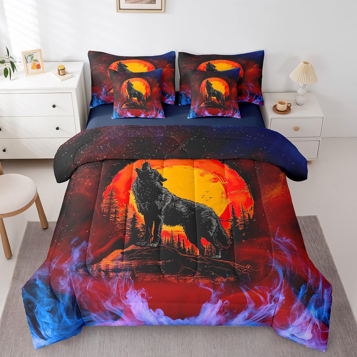 Feelyou Boys Girls Wolf Bed in A Bag Twin Size, Wolves Howling Comforter Set with Sheets Kids Western Wild Animal 7 Pieces Bedding Set Mountain Moon Teens Bed Set Bedroom Decor 7Pcs