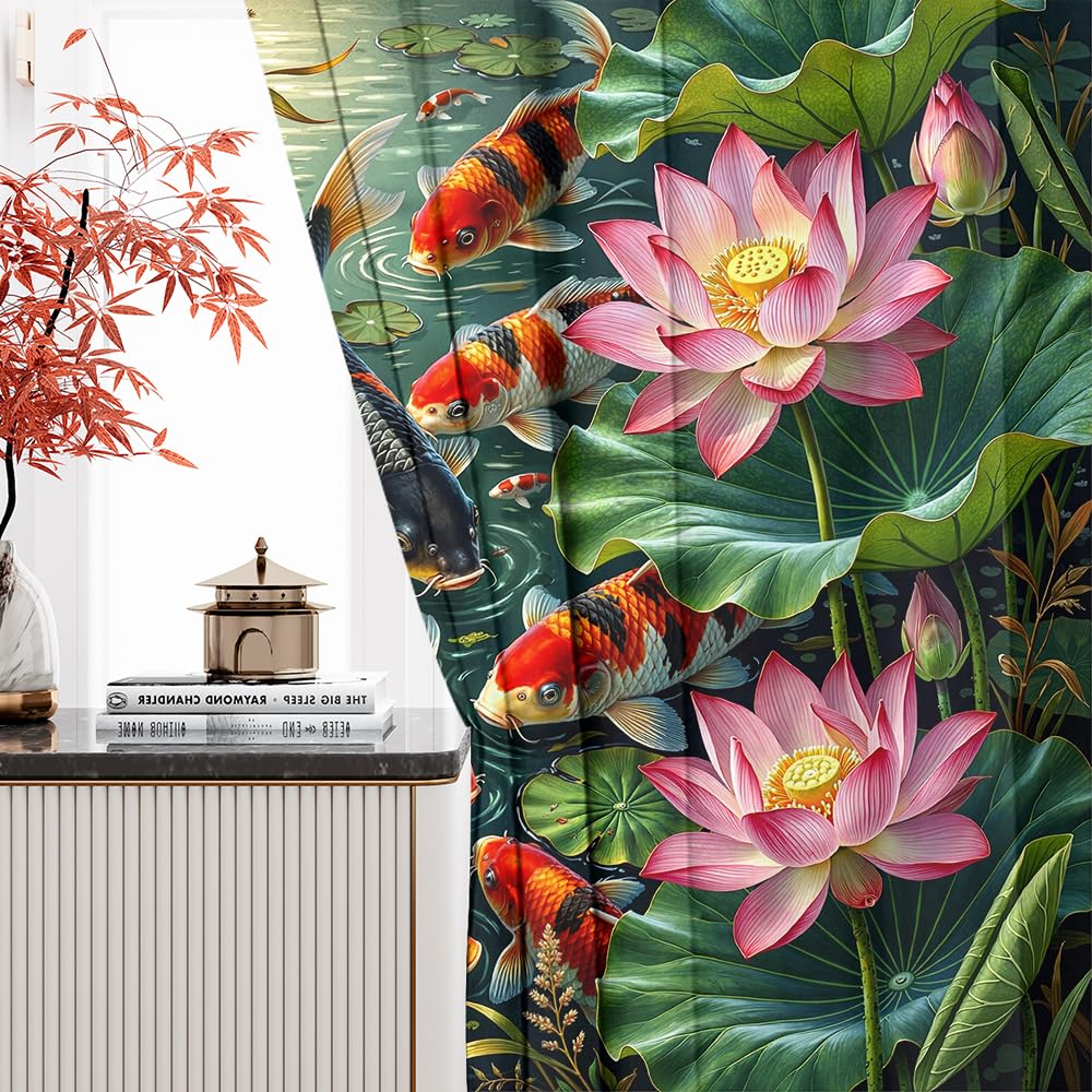 KuracleGH Retro Japanese Lucky Fish Blackout Curtains-Traditional Asian Oriental Fish Rod Pocket Back Tab Drapes,Summer Pond Lotus Floral Leaves Thermal Insulated Curtain,2pcs,Each 21“W x 45”L